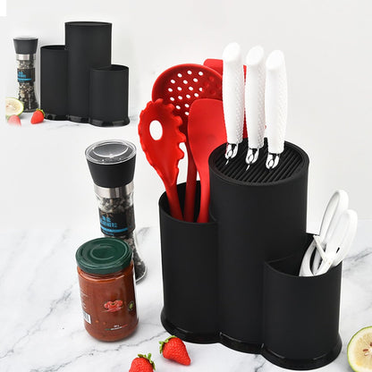 Knife Block Holder,Knife Set with Block, Plastic Round Knife Block Without Knives 3 in 1 Kitchen Knife Holder Space-Saving Knife Holder for Counter Top, Black