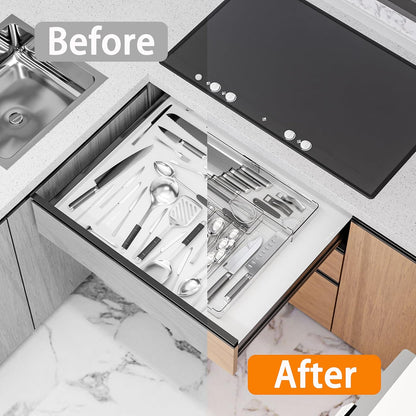 Silverware Drawer Organizer, Expandable Utensil Tray for Kitchen Drawers, BPA Free Flatware and Cutlery Holder, Adjustable Plastic Storage for Utensil like Spoons, Forks, Knives.Black