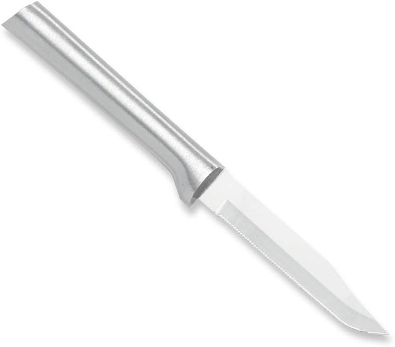 Serrated Regular Paring Knife (R142), Silver Handle | 3.25" Stainless Steel Fine-Serrated Blade, Silver Cast Aluminum Handle