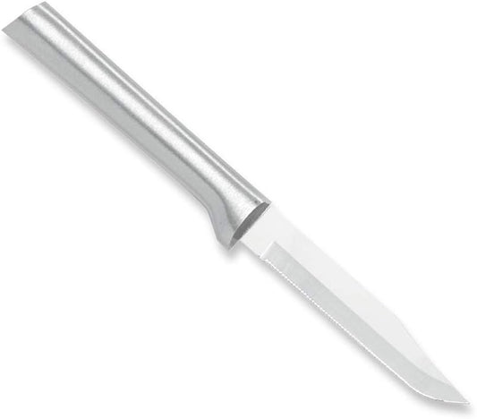 Serrated Regular Paring Knife (R142), Silver Handle | 3.25" Stainless Steel Fine-Serrated Blade, Silver Cast Aluminum Handle