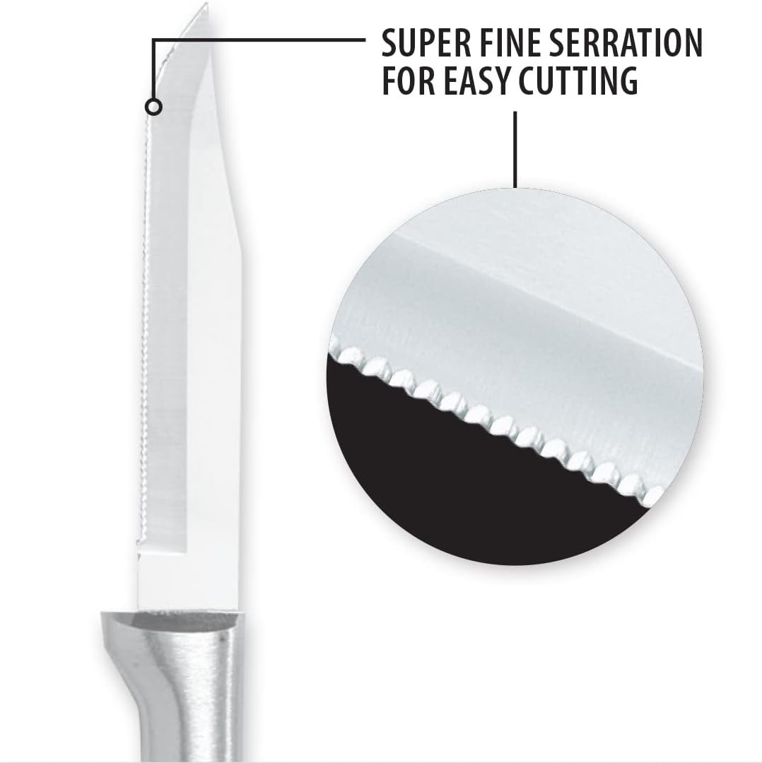 Serrated Regular Paring Knife (R142), Silver Handle | 3.25" Stainless Steel Fine-Serrated Blade, Silver Cast Aluminum Handle