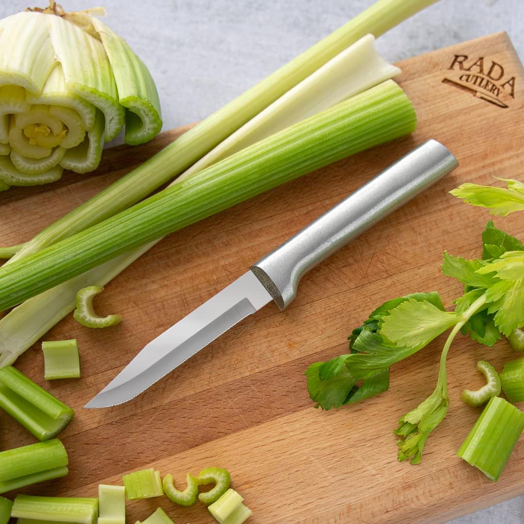 Serrated Regular Paring Knife (R142), Silver Handle | 3.25" Stainless Steel Fine-Serrated Blade, Silver Cast Aluminum Handle