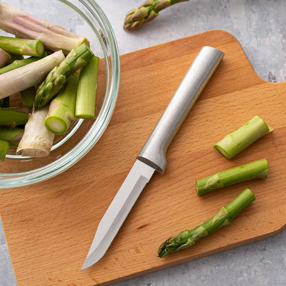 Serrated Regular Paring Knife (R142), Silver Handle | 3.25" Stainless Steel Fine-Serrated Blade, Silver Cast Aluminum Handle