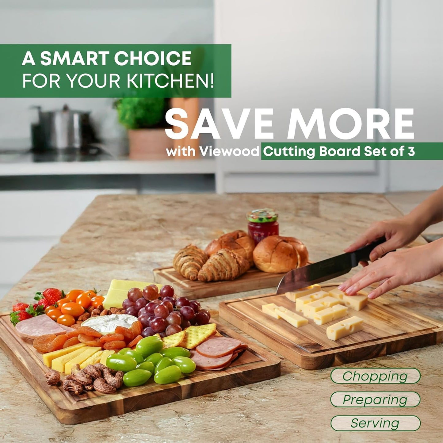 Acacia Wood Cutting Board Set of 3 for Kitchen, Serving, Charcuterie and Food Prep, Pre-Oiled Wooden Boards with Juice Groove (17x12, 12x10, 12x7 Inch)