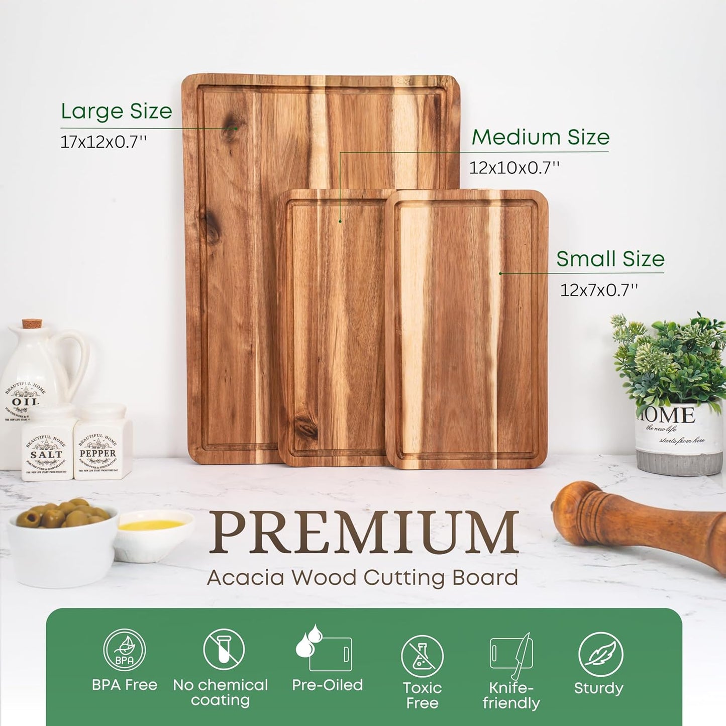 Acacia Wood Cutting Board Set of 3 for Kitchen, Serving, Charcuterie and Food Prep, Pre-Oiled Wooden Boards with Juice Groove (17x12, 12x10, 12x7 Inch)