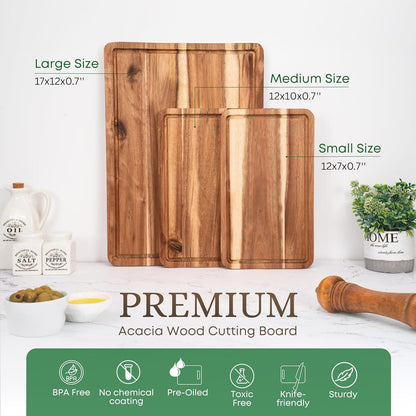 Acacia Wood Cutting Board Set of 3 for Kitchen, Serving, Charcuterie and Food Prep, Pre-Oiled Wooden Boards with Juice Groove (17x12, 12x10, 12x7 Inch)