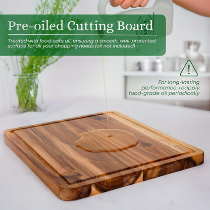 Acacia Wood Cutting Board Set of 3 for Kitchen, Serving, Charcuterie and Food Prep, Pre-Oiled Wooden Boards with Juice Groove (17x12, 12x10, 12x7 Inch)