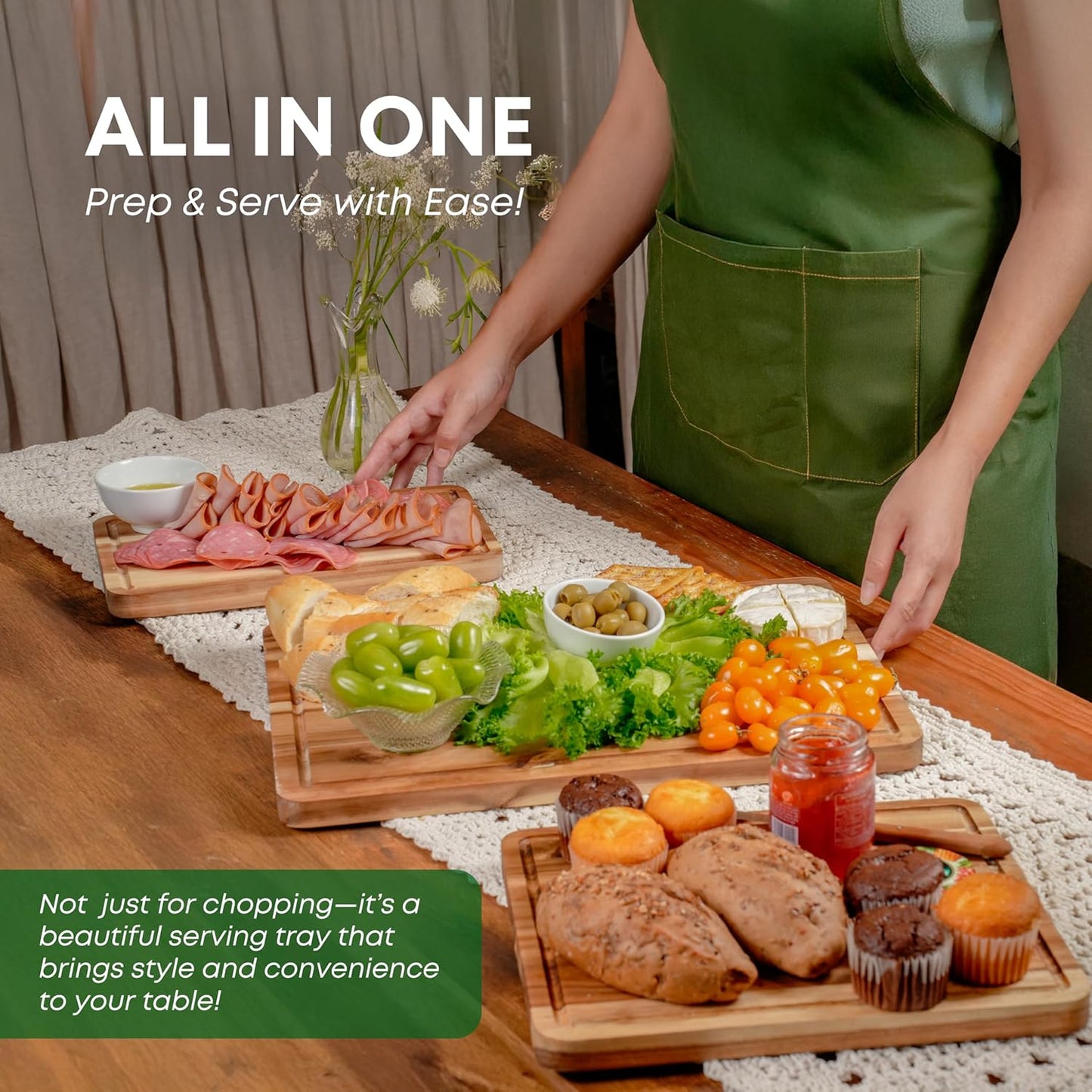 Acacia Wood Cutting Board Set of 3 for Kitchen, Serving, Charcuterie and Food Prep, Pre-Oiled Wooden Boards with Juice Groove (17x12, 12x10, 12x7 Inch)