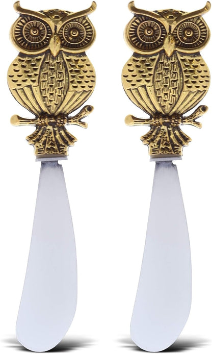 Gold Stainless Steel Dip & Cheese Spreader, Condiment & Butter Spreader Utensils For Appetizer, Metal Cheese Spreaders Kitchen Set of 2-4.55" - Owl