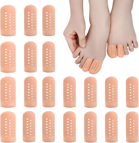 Gel Finger Cots 20 Pcs with Air Holes, Silicone Finger Protectors & Thumb Guards for Wounds, Cracking, Arthritis & Trigger Finger Pain Relief, Reusable Finger Covers & Sleeves in Nude