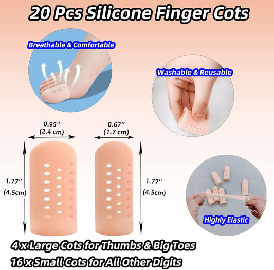 Gel Finger Cots 20 Pcs with Air Holes, Silicone Finger Protectors & Thumb Guards for Wounds, Cracking, Arthritis & Trigger Finger Pain Relief, Reusable Finger Covers & Sleeves in Nude