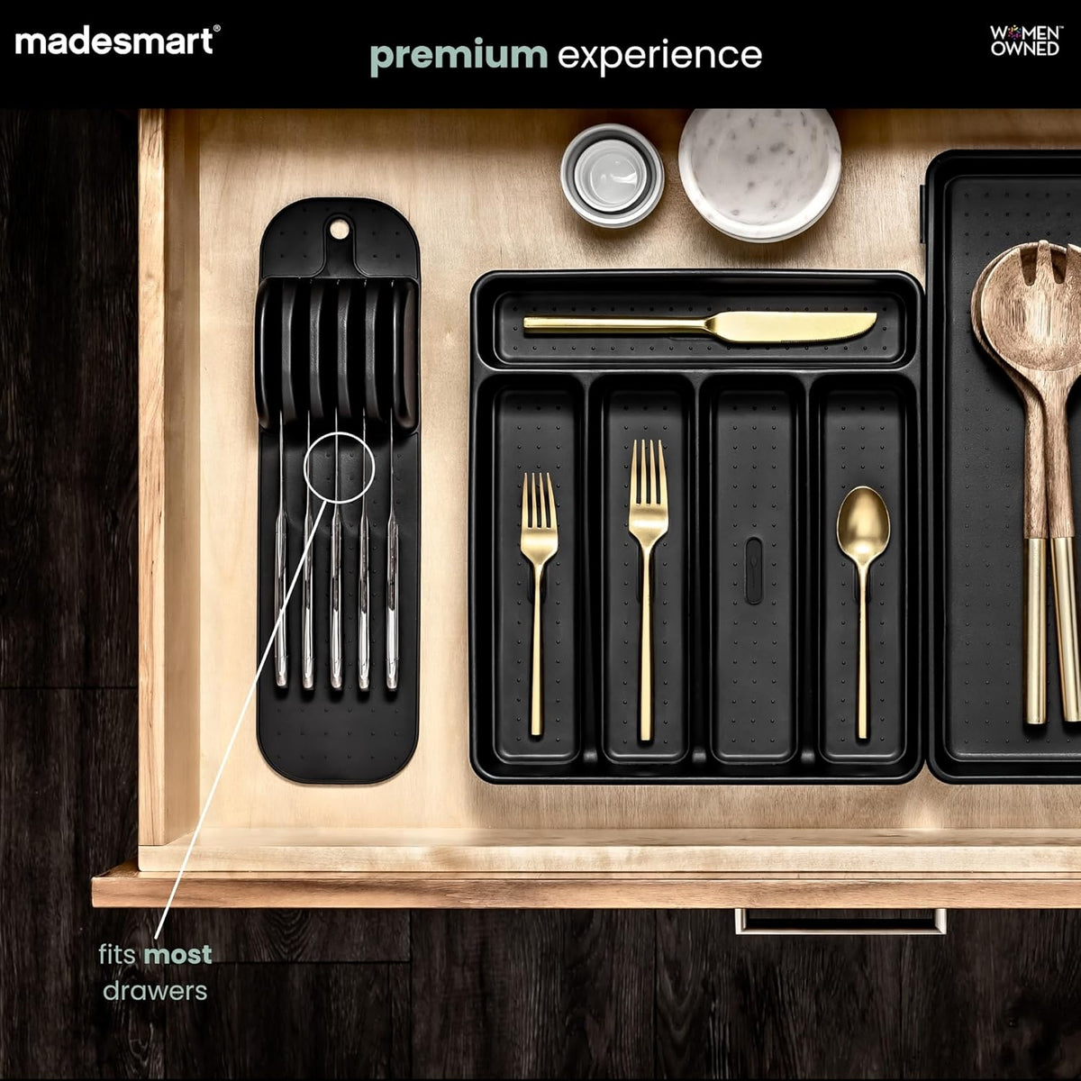 Premium Knife Mat, Soft-Grip Slot Organizer for 5 Knives, Non-Slip Drawer Insert Protects Blades and Drawers, Space-Saving Kitchen Knife Storage, Premium