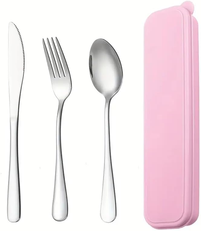 Portable Stainless Steel Utensil Set with Case, 3-Piece Reusable Travel Flatware Set (Fork, Spoon, Knife) for Lunch, Picnic, and Outdoor Dining,Pink