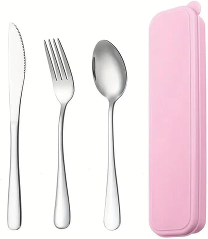 Portable Stainless Steel Utensil Set with Case, 3-Piece Reusable Travel Flatware Set (Fork, Spoon, Knife) for Lunch, Picnic, and Outdoor Dining,Pink
