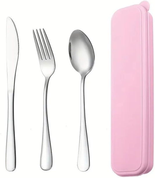 Portable Stainless Steel Utensil Set with Case, 3-Piece Reusable Travel Flatware Set (Fork, Spoon, Knife) for Lunch, Picnic, and Outdoor Dining,Pink