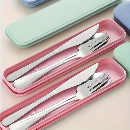 Portable Stainless Steel Utensil Set with Case, 3-Piece Reusable Travel Flatware Set (Fork, Spoon, Knife) for Lunch, Picnic, and Outdoor Dining,Pink