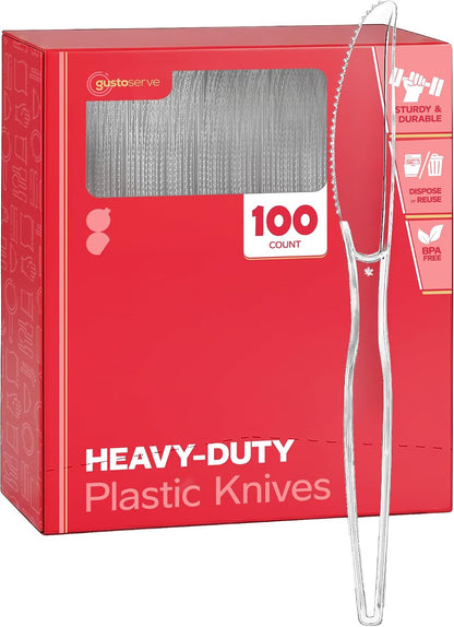Heavy Duty Clear Plastic Knives [100 Count] | Strong & Sturdy, Disposable, Crack & Warp-Resistant, Heat-Resistant, Hot or Cold Foods, Parties, Events, Dinners & Brunches