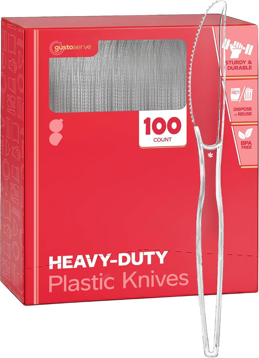 Heavy Duty Clear Plastic Knives [100 Count] | Strong & Sturdy, Disposable, Crack & Warp-Resistant, Heat-Resistant, Hot or Cold Foods, Parties, Events, Dinners & Brunches