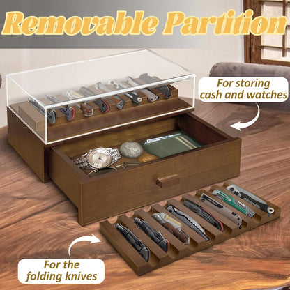 Knife Display Case,2 Tier Wooden Pocket Knife Collection Case with Acrylic Lid, Pocket Knife Storage Drawer Organizer, Walnut