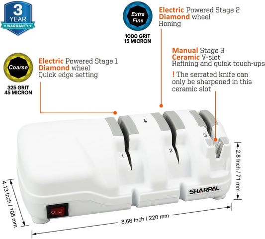 198H Electric Knife Sharpener 3 Stage with Diamond Wheels | Suit for Double-Beveled Straight Edge Knives, Quick Razor-Sharp Results, Low Noise