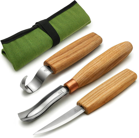 Wood Spoon Carving Tools Kit S14m – Wood Carving Knives for Beginners & Professionals – Whittling Knives Set with Hook Knife, Sloyd Knife and Bowl Gouge for Woodworking & Crafting