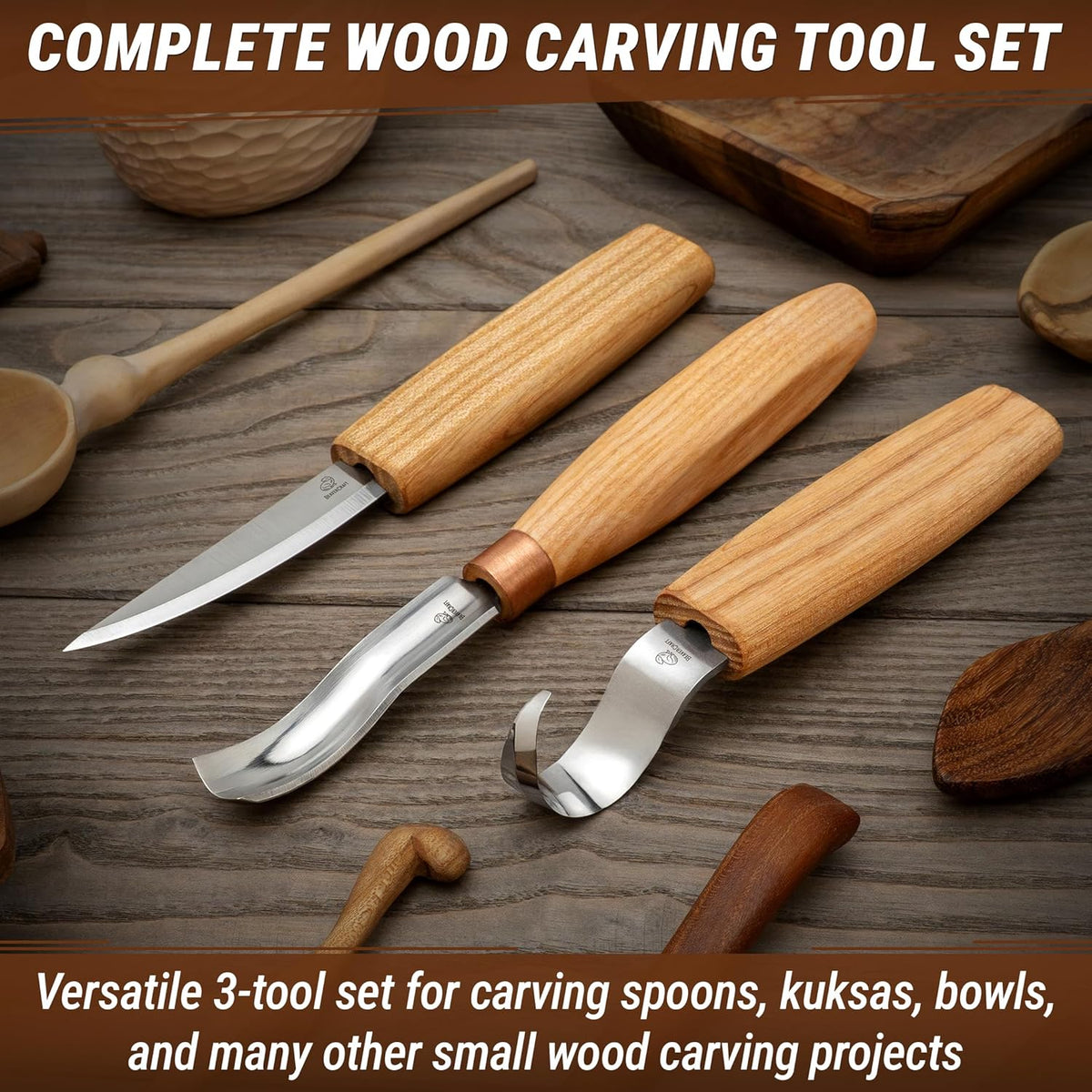 Wood Spoon Carving Tools Kit S14m – Wood Carving Knives for Beginners & Professionals – Whittling Knives Set with Hook Knife, Sloyd Knife and Bowl Gouge for Woodworking & Crafting