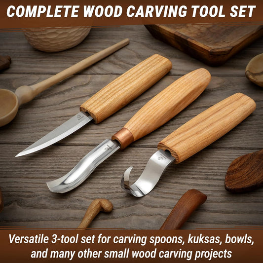 Wood Spoon Carving Tools Kit S14m – Wood Carving Knives for Beginners & Professionals – Whittling Knives Set with Hook Knife, Sloyd Knife and Bowl Gouge for Woodworking & Crafting