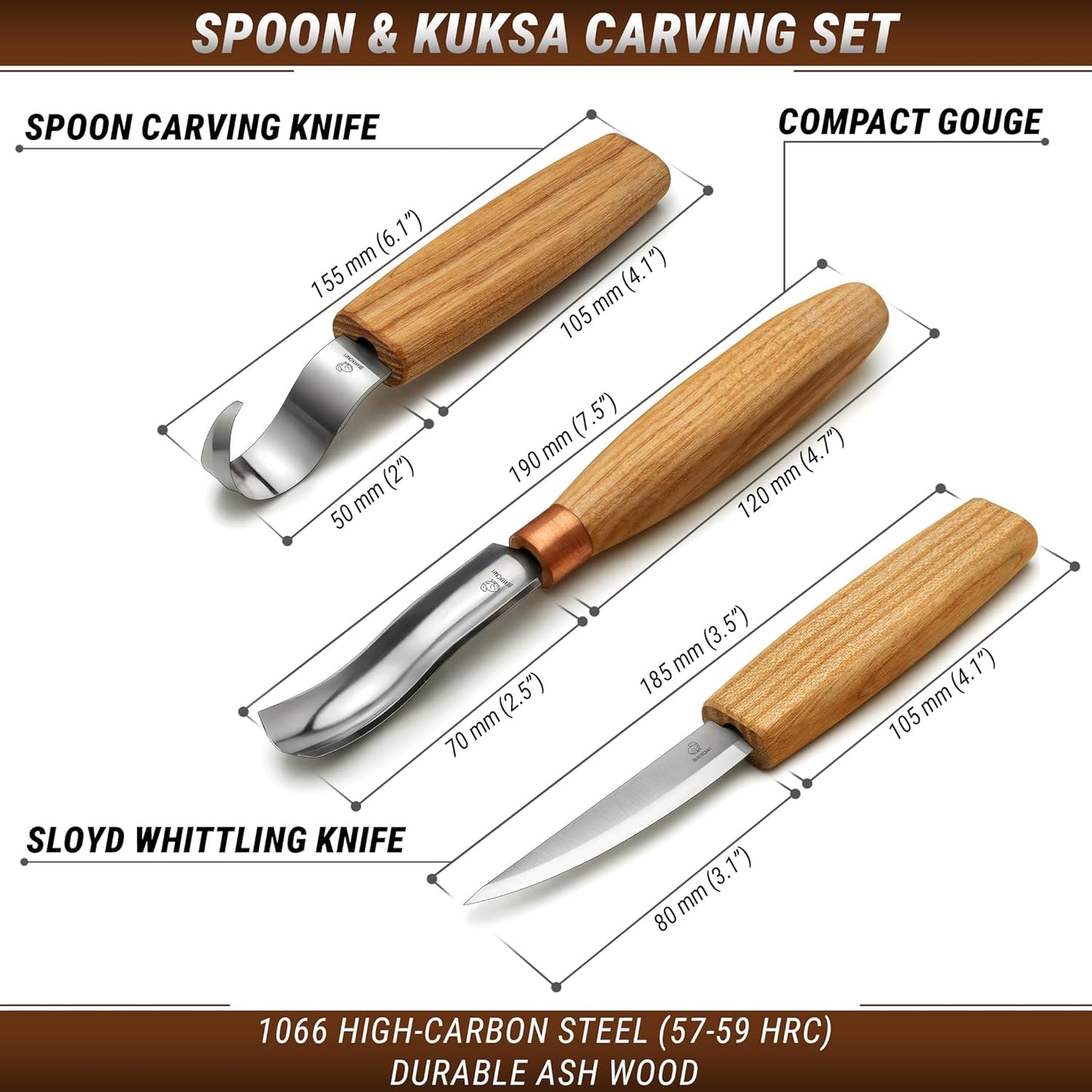 Wood Spoon Carving Tools Kit S14m – Wood Carving Knives for Beginners & Professionals – Whittling Knives Set with Hook Knife, Sloyd Knife and Bowl Gouge for Woodworking & Crafting