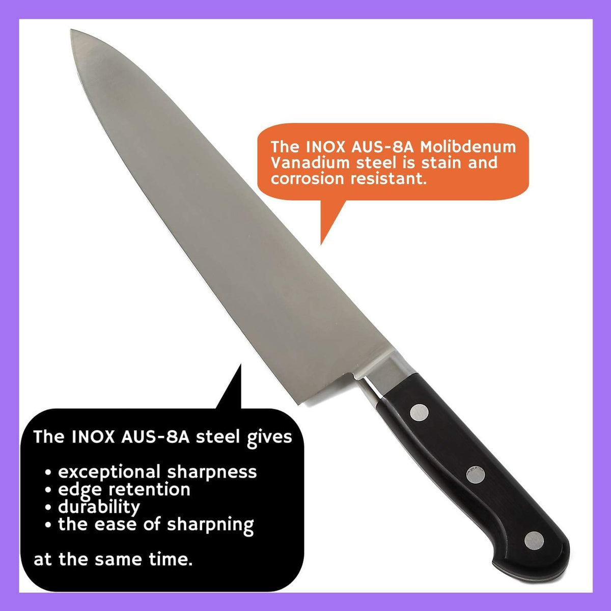 Japanese Chef Knife INOX AUS-8A Stainless Steel Black Pakkawood Handle, Gyuto 9.5-inch (240mm)