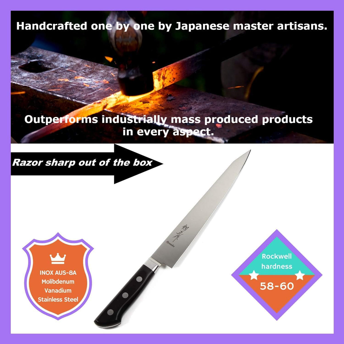 Japanese Chef Knife INOX AUS-8A Stainless Steel Black Pakkawood Handle, Gyuto 9.5-inch (240mm)