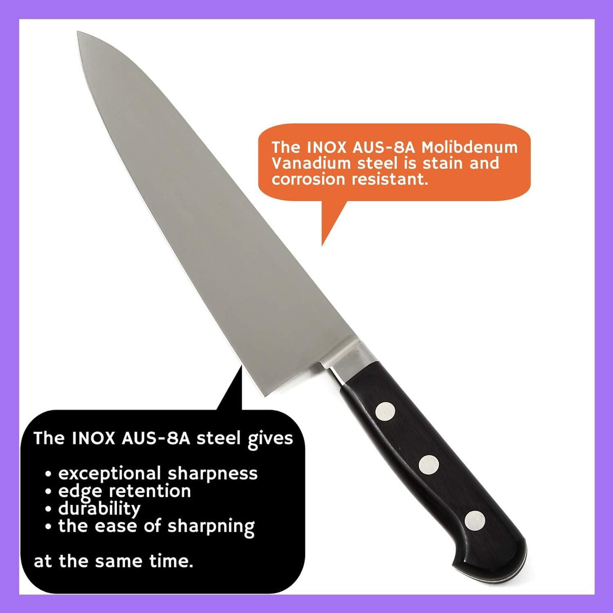 Japanese Chef Knife INOX AUS-8A Stainless Steel Black Pakkawood Handle, Gyuto 9.5-inch (240mm)