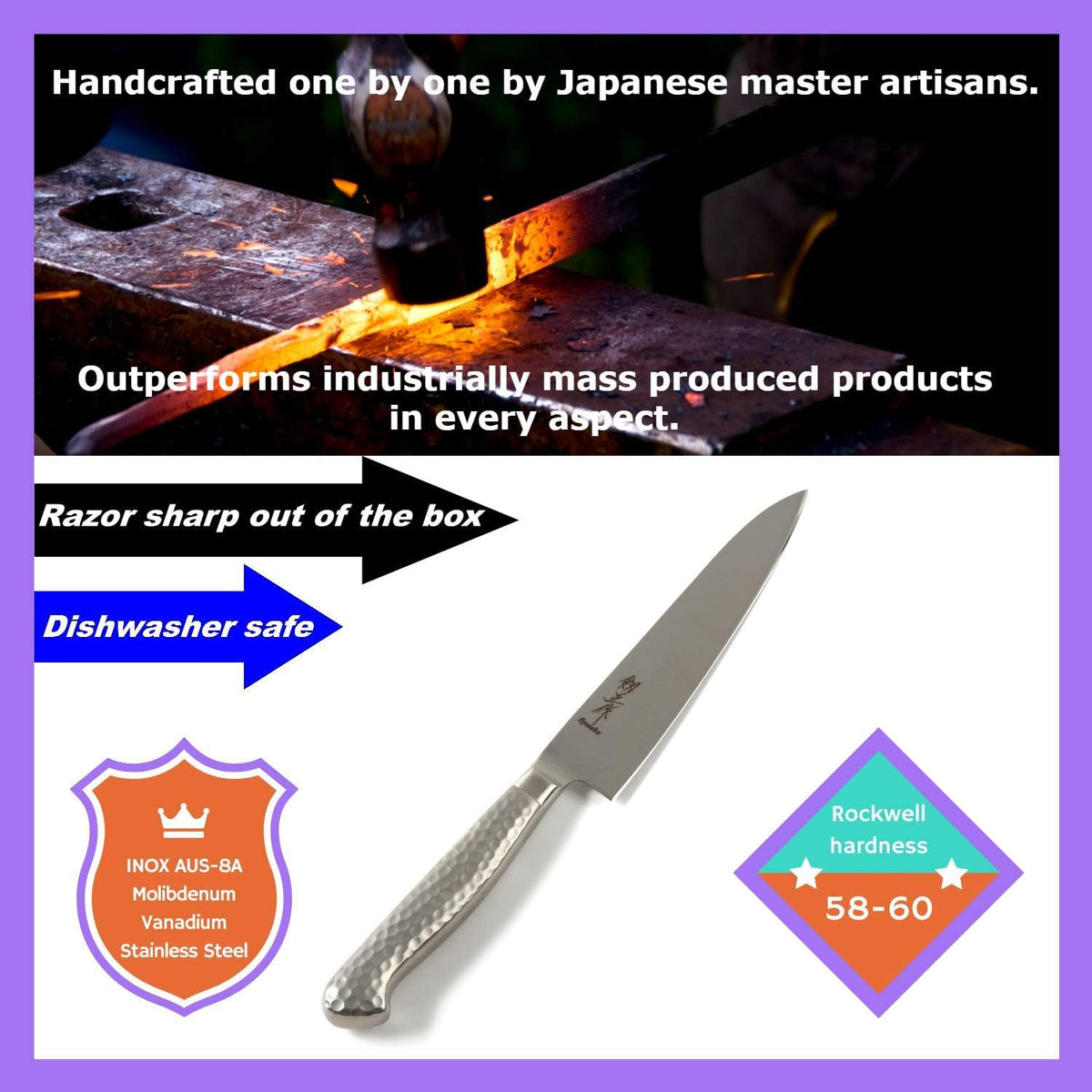 Japanese Chef Knife INOX AUS-8A Stainless Steel Black Pakkawood Handle, Gyuto 9.5-inch (240mm)