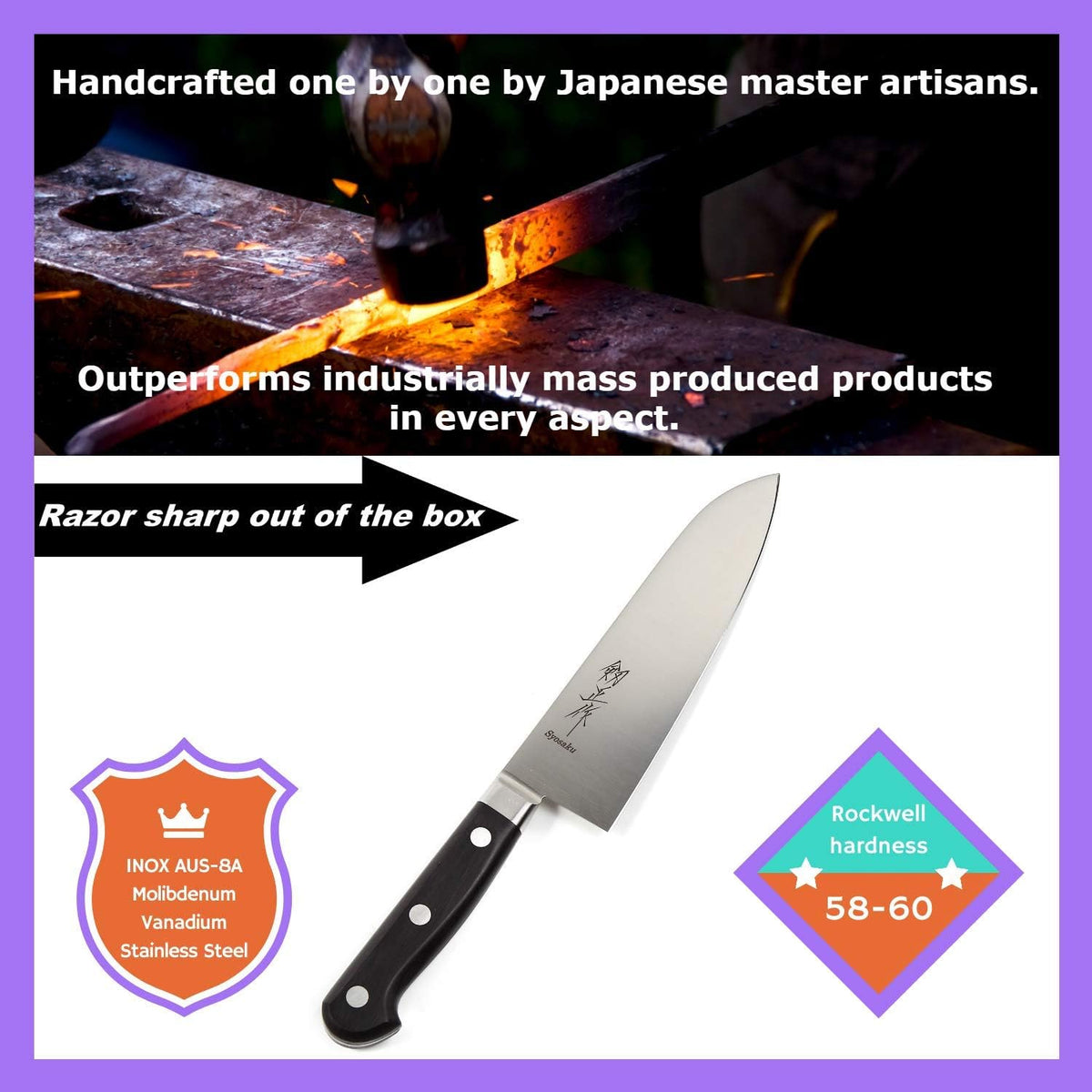 Japanese Chef Knife INOX AUS-8A Stainless Steel Black Pakkawood Handle, Gyuto 9.5-inch (240mm)