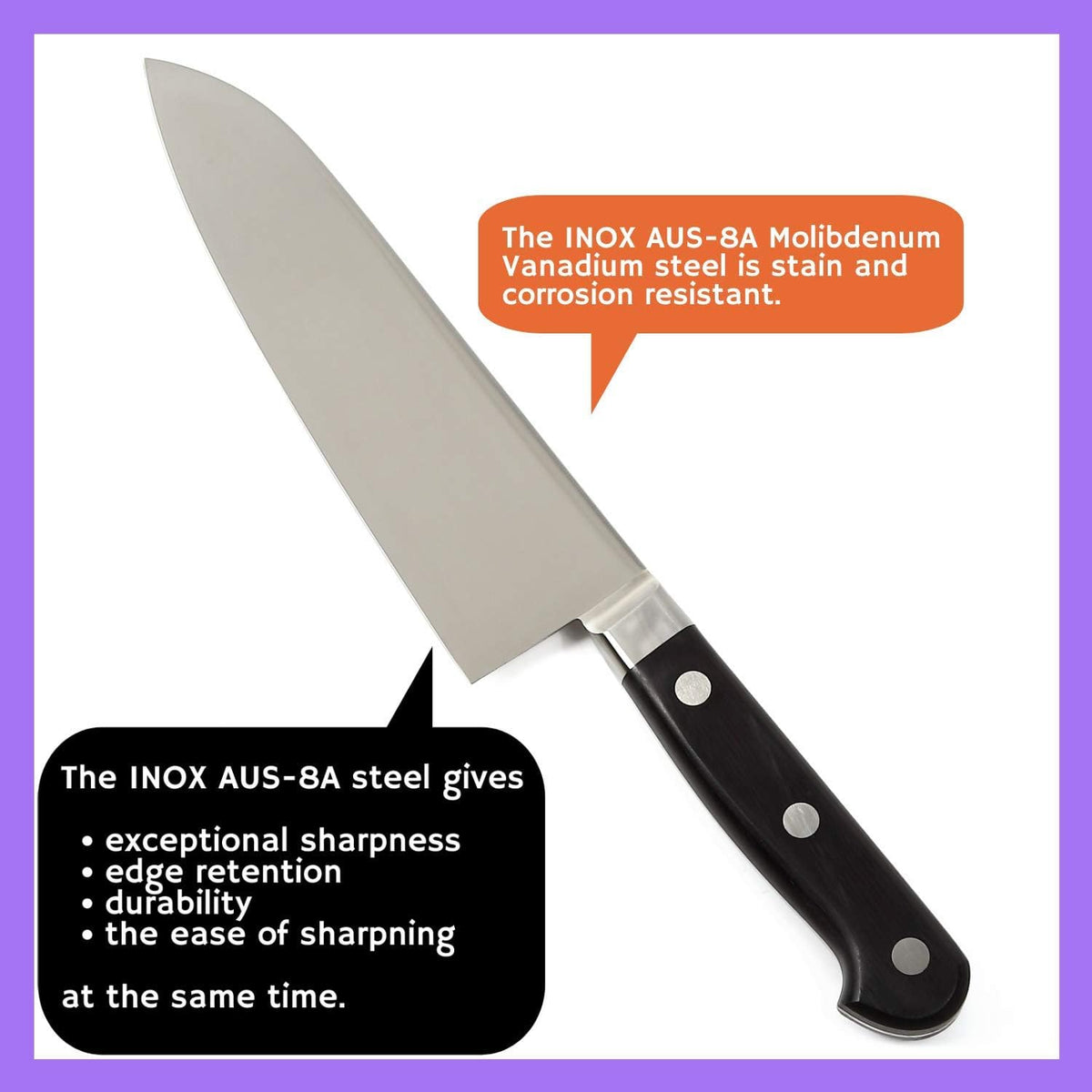 Japanese Chef Knife INOX AUS-8A Stainless Steel Black Pakkawood Handle, Gyuto 9.5-inch (240mm)