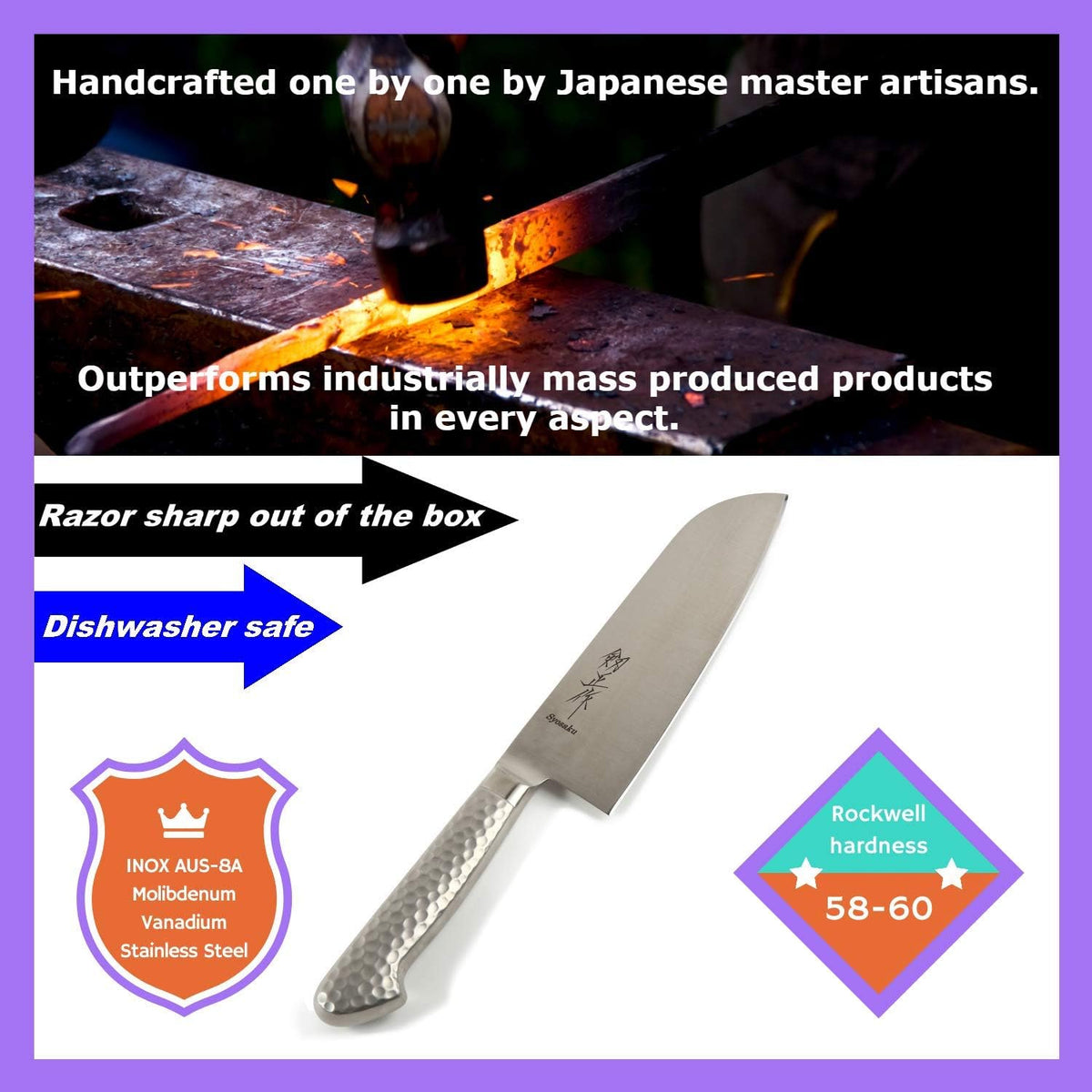 Japanese Chef Knife INOX AUS-8A Stainless Steel Black Pakkawood Handle, Gyuto 9.5-inch (240mm)