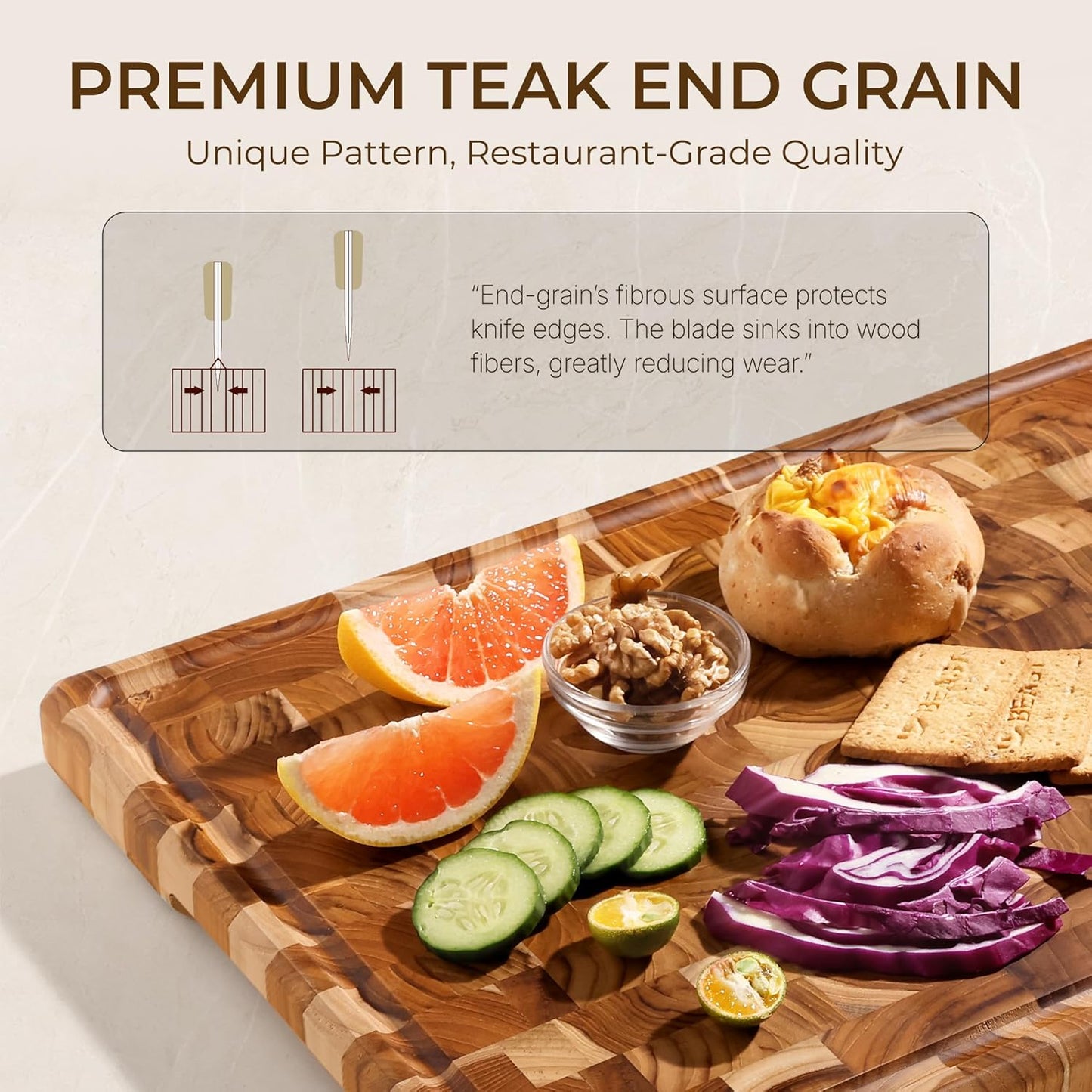 Teak Wood Cutting Boards for Kitchen, Butcher Block End Grain Checkered Wooden Cutting Board with Juice Groove Hardwood Chopping Charcuterie Board Non Toxic for Cheese & Vegetables Over Sink Solid 14"