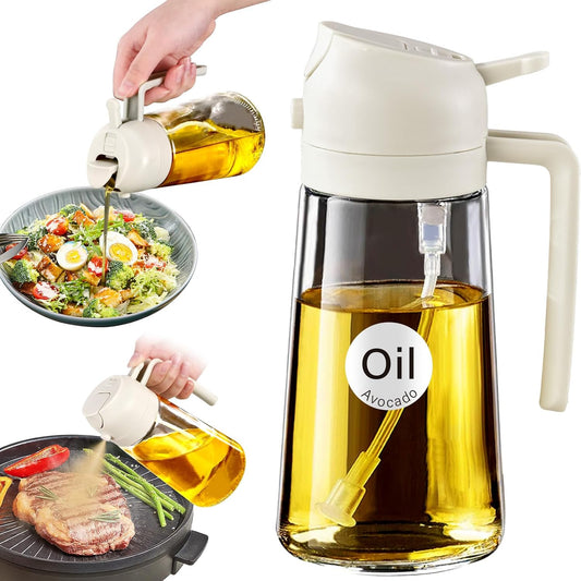 16 oz 2-in-1 Glass Olive Oil Sprayer for Cooking, Creamy White | Food-grade dispenser bottle, 470 ml, spray and pour, portion control, stickers included, for salad, frying and BBQ
