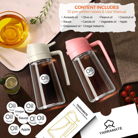 16 oz 2-in-1 Glass Olive Oil Sprayer for Cooking, Creamy White | Food-grade dispenser bottle, 470 ml, spray and pour, portion control, stickers included, for salad, frying and BBQ