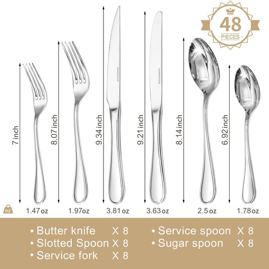 48 Piece Teardrop Silverware Set with Steak Knives, 18/10 Stainless Steel Flatware Set for 8, Modern Design Cutlery Set for Home/Hotel/Wedding,Mirror Polished and Dishwasher Safe