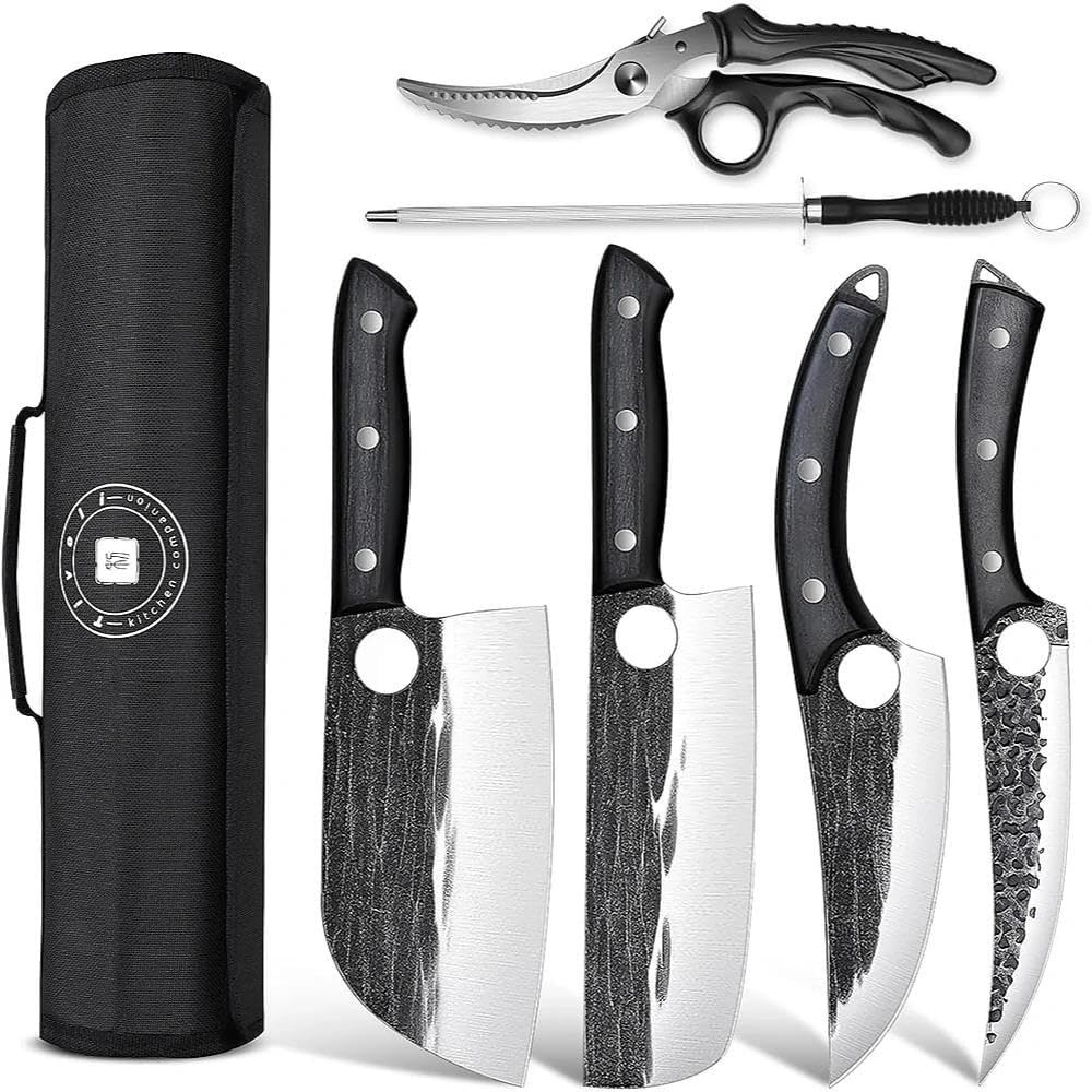 Professional Butcher Knife Set - 7 PCS Hand Forged BBQ Knife Sets | High Carbon Steel, Full Tang, Ergonomic Rosewood Handle, Non-Stick Hammer Texture, Gift Box, for Kitchen Outdoor Cooking