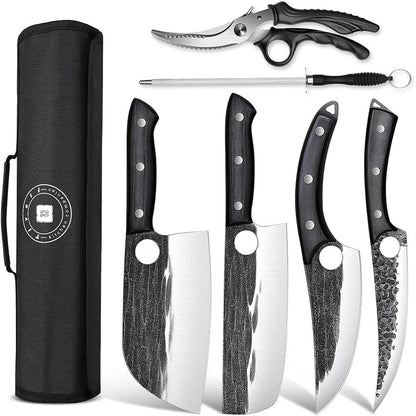 Professional Butcher Knife Set - 7 PCS Hand Forged BBQ Knife Sets | High Carbon Steel, Full Tang, Ergonomic Rosewood Handle, Non-Stick Hammer Texture, Gift Box, for Kitchen Outdoor Cooking