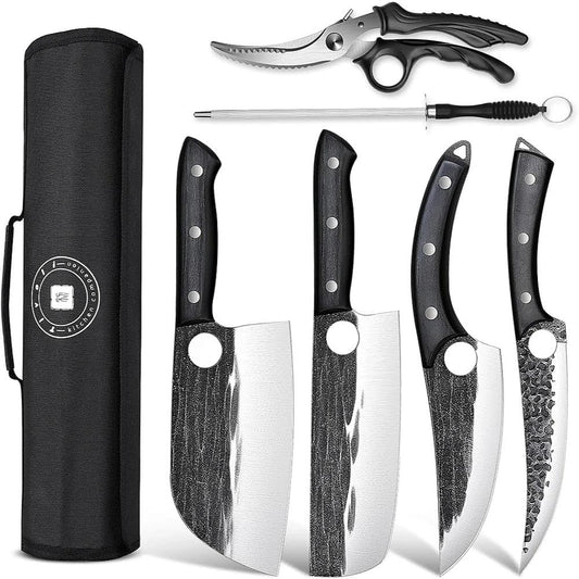 Professional Butcher Knife Set - 7 PCS Hand Forged BBQ Knife Sets | High Carbon Steel, Full Tang, Ergonomic Rosewood Handle, Non-Stick Hammer Texture, Gift Box, for Kitchen Outdoor Cooking