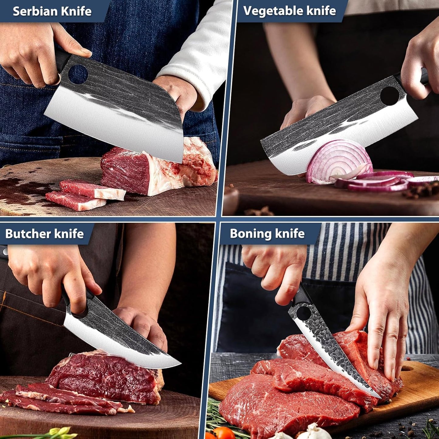 Professional Butcher Knife Set - 7 PCS Hand Forged BBQ Knife Sets | High Carbon Steel, Full Tang, Ergonomic Rosewood Handle, Non-Stick Hammer Texture, Gift Box, for Kitchen Outdoor Cooking