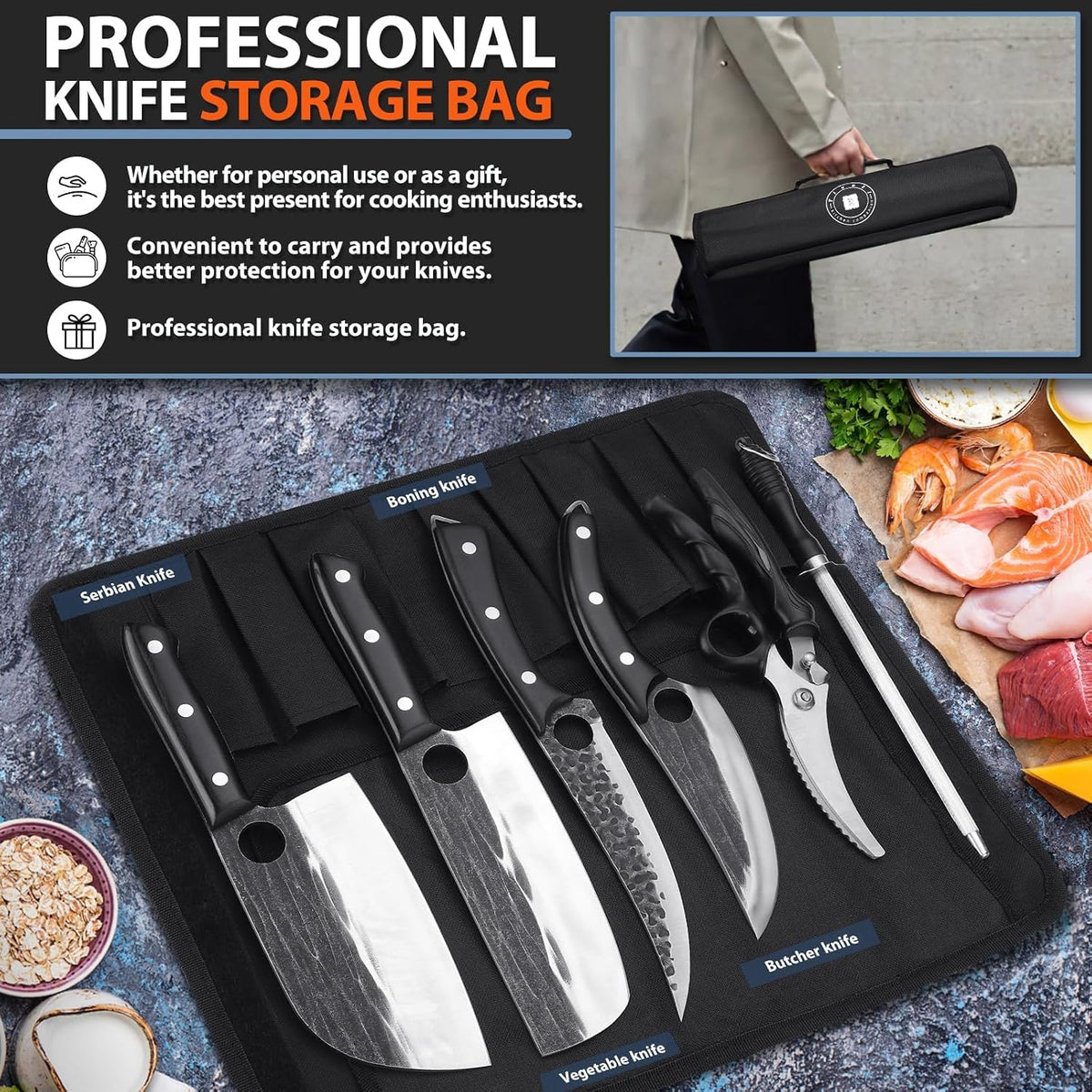 Professional Butcher Knife Set - 7 PCS Hand Forged BBQ Knife Sets | High Carbon Steel, Full Tang, Ergonomic Rosewood Handle, Non-Stick Hammer Texture, Gift Box, for Kitchen Outdoor Cooking