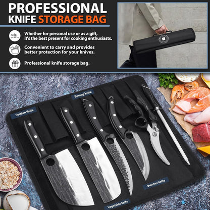 Professional Butcher Knife Set - 7 PCS Hand Forged BBQ Knife Sets | High Carbon Steel, Full Tang, Ergonomic Rosewood Handle, Non-Stick Hammer Texture, Gift Box, for Kitchen Outdoor Cooking