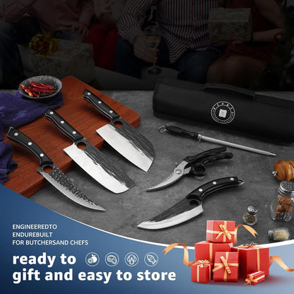 Professional Butcher Knife Set - 7 PCS Hand Forged BBQ Knife Sets | High Carbon Steel, Full Tang, Ergonomic Rosewood Handle, Non-Stick Hammer Texture, Gift Box, for Kitchen Outdoor Cooking