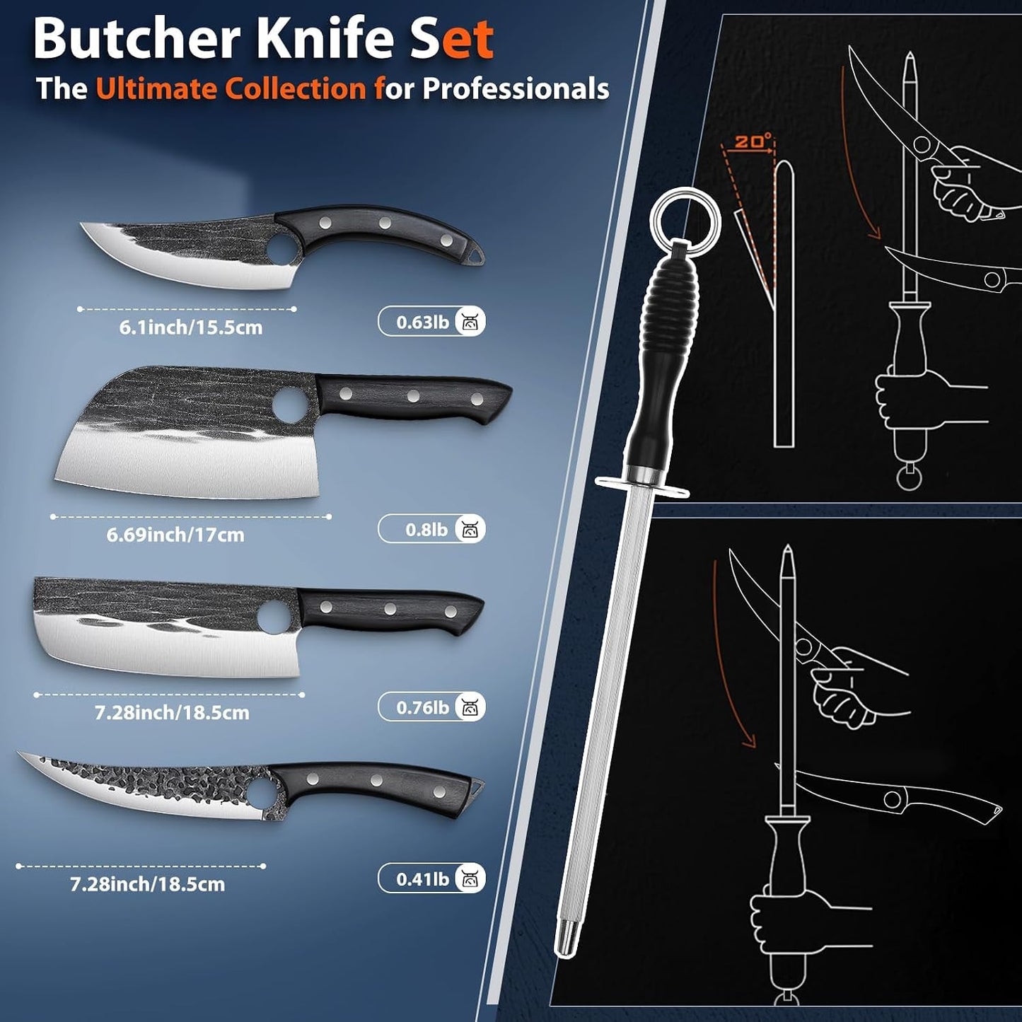 Professional Butcher Knife Set - 7 PCS Hand Forged BBQ Knife Sets | High Carbon Steel, Full Tang, Ergonomic Rosewood Handle, Non-Stick Hammer Texture, Gift Box, for Kitchen Outdoor Cooking