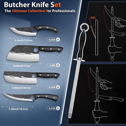 Professional Butcher Knife Set - 7 PCS Hand Forged BBQ Knife Sets | High Carbon Steel, Full Tang, Ergonomic Rosewood Handle, Non-Stick Hammer Texture, Gift Box, for Kitchen Outdoor Cooking