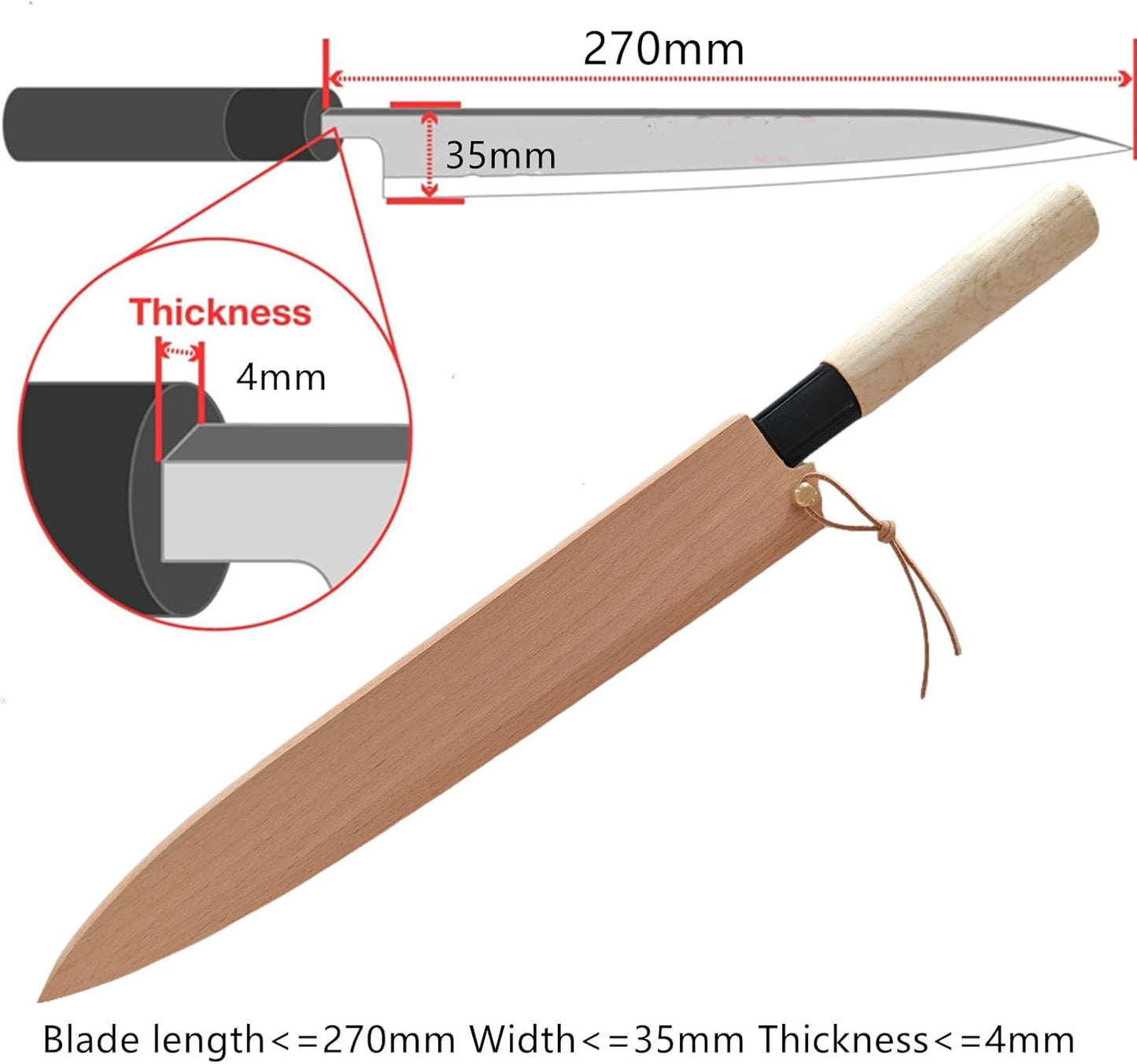 Japanese Yanagiba Knife Sheath, 10.5 Inch Beechwood Saya Blade Cover, 270mm Magnetic Protective Edge Guard with Copper Pins for Chef, Sushi, Kitchen Knives