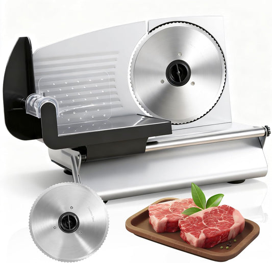 Premium Electric Food Meat Slicer - 7.5inch Stainless Steel Blade Home Kitchen Deli Meat Food Vegetable Cheese Cutter - Thickness Adjustable - Spacious Sliding Carriage - Easy to Clean